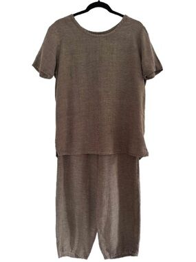 Flax Petite Two Piece Set Short Sleeve Shirt and Floods Pants Lagenlook Natural